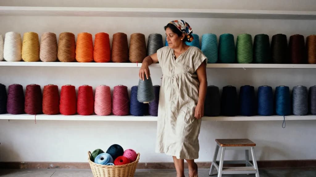A Latina woman in her mid thirties with dark hair in a headscarf is standing at a wall of yarn cones arranged by colour in repeating runs, a basket of offcut…