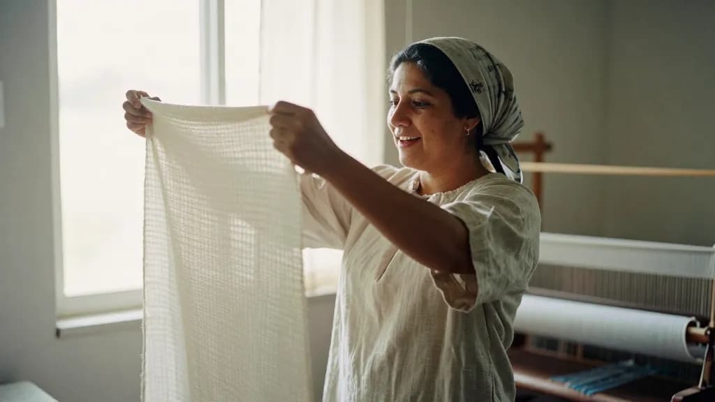 A Latina woman in her mid thirties with dark hair in a headscarf is holding up a finished length of woven cloth to the window light with both hands, the stud…