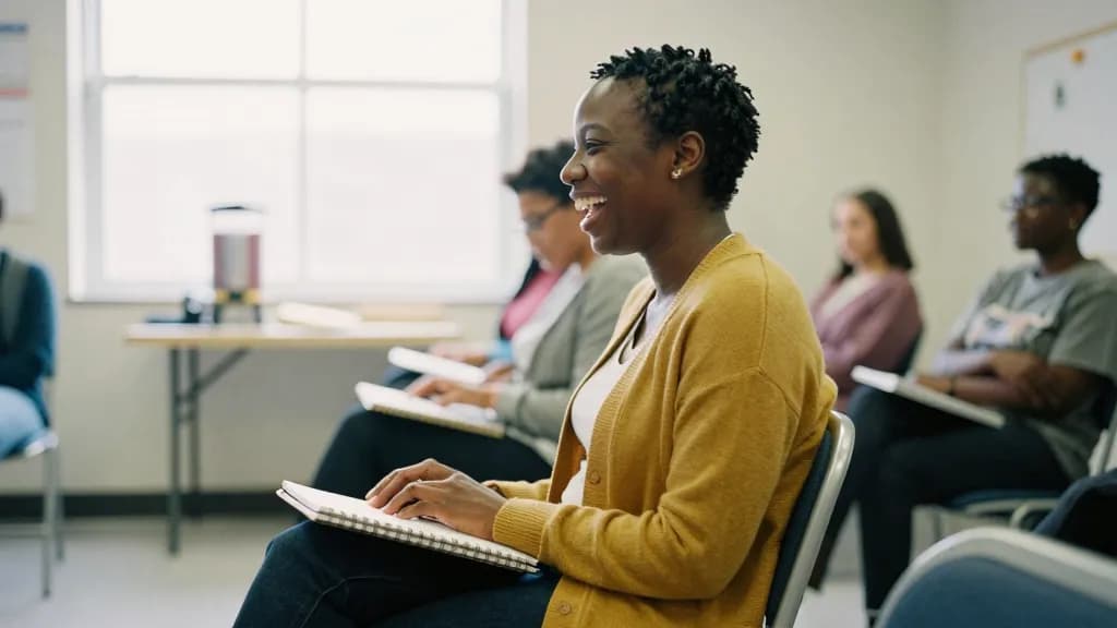 A Black woman in her early thirties with short twists is sitting upright in a row of stacking chairs in a community centre room, a spiral notebook open on he…