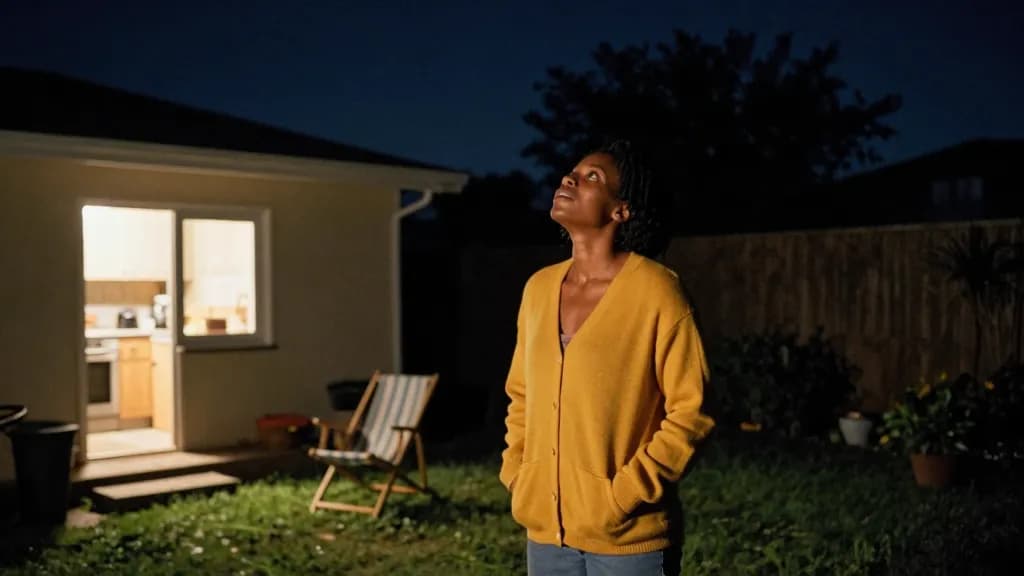 A Black woman in her early thirties with short twists is standing in a dark back garden late at night looking up at a clear sky, the kitchen window throwing…