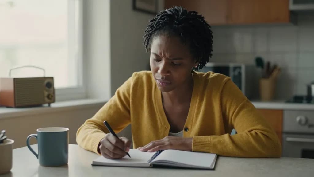 A Black woman in her early thirties with short twists is at a kitchen table in the early morning with a notebook open and a cooling mug beside it, a radio on…