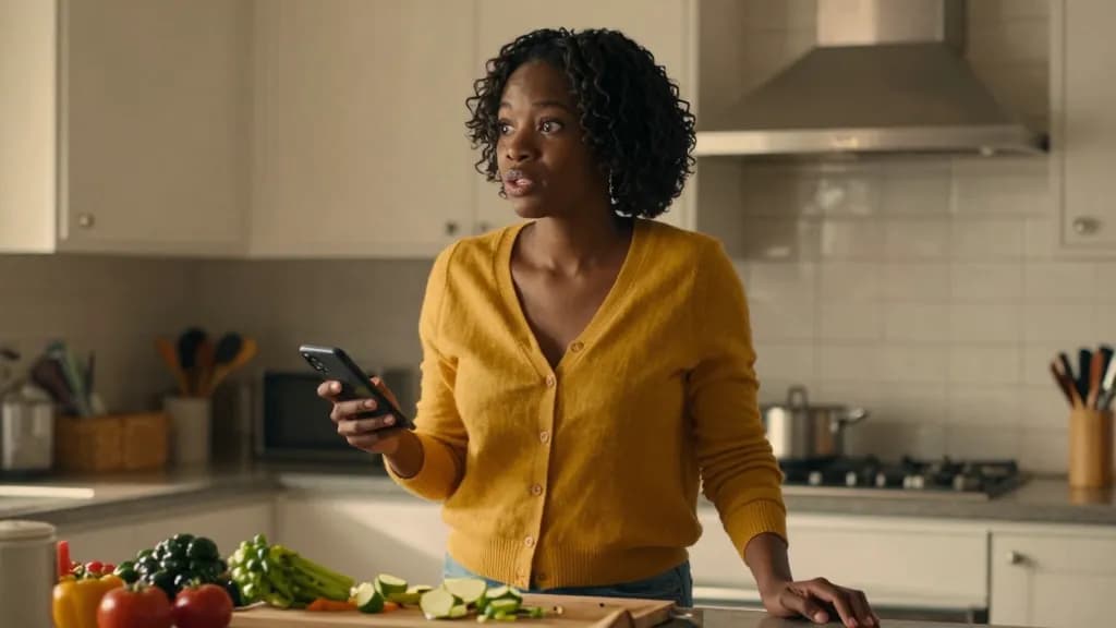 A Black woman in her early thirties with short twists is standing in her kitchen holding a phone loosely at her side, having just stopped mid task, a half-ch…