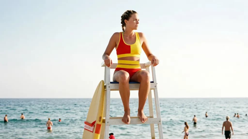 A white woman in her late twenties with sun-bleached hair in a plait is sitting high in a lifeguard chair above a busy beach, a rescue board propped against…