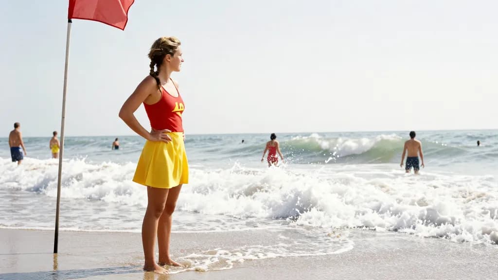 A white woman in her late twenties with sun-bleached hair in a plait is standing at the water's edge watching a stronger swell come in, flags snapping on the…