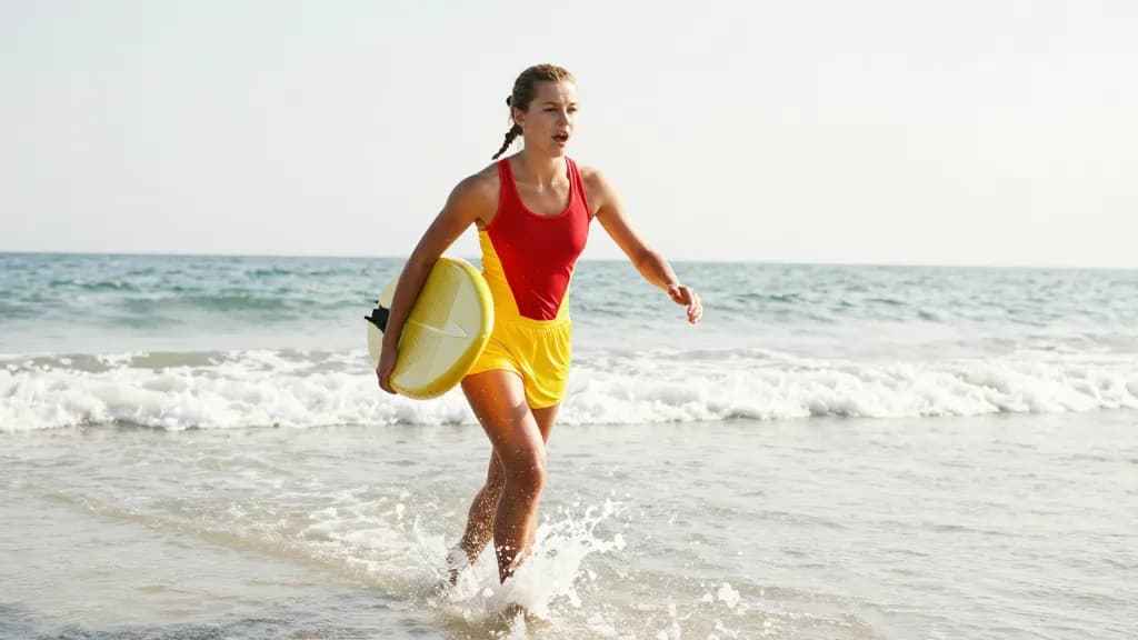 A white woman in her late twenties with sun-bleached hair in a plait is running into the shallows carrying a rescue board under one arm, spray around her leg…