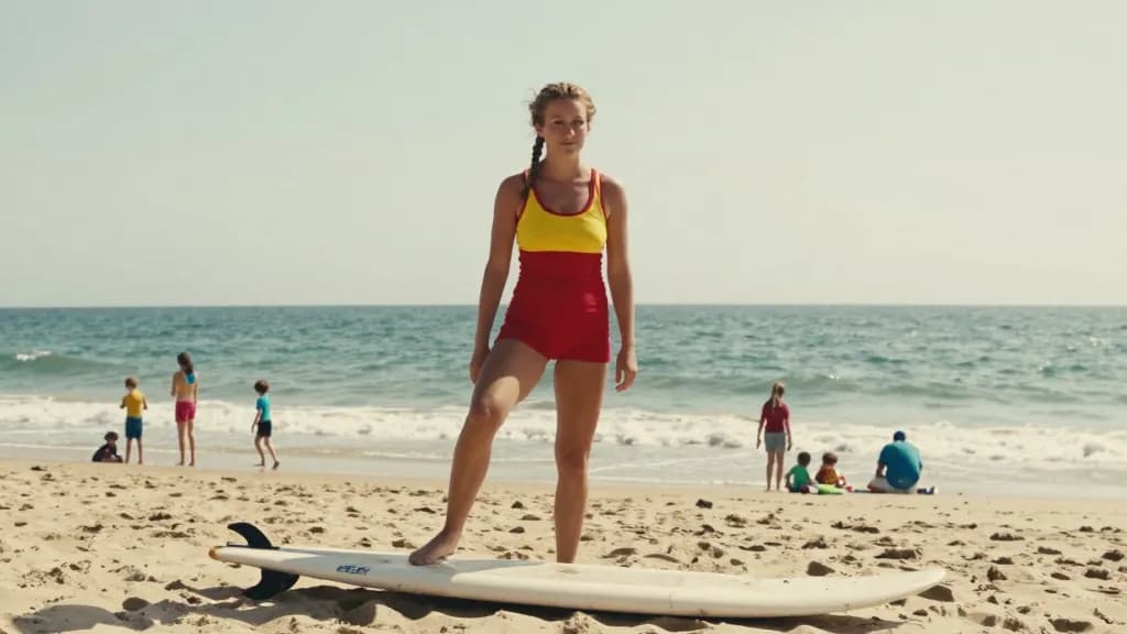 A white woman in her late twenties with sun-bleached hair in a plait is standing still at the top of the beach with the board planted upright in the sand bes…