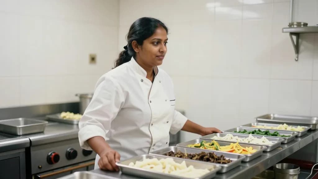A South Asian woman in her thirties with a long dark plait is standing in a small restaurant kitchen before service with prepared components ranked in steel…