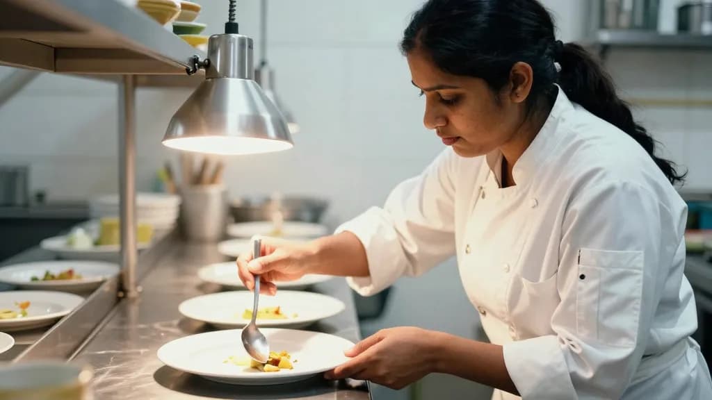 A South Asian woman in her thirties with a long dark plait is at the pass combining two components onto a single plate under the heat lamps, other plates wai…