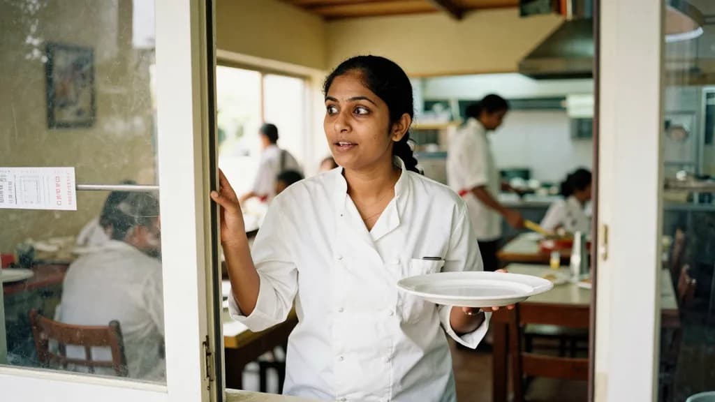 A South Asian woman in her thirties with a long dark plait is standing at the kitchen door watching a full dining room through the gap, service in full flow…