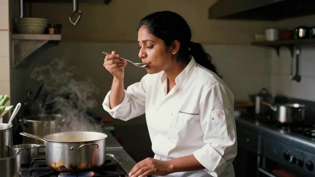 A South Asian woman in her thirties with a long dark plait is tasting from a spoon at the end of service in the quiet kitchen, the pass wiped down and one po…