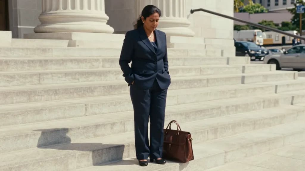 A South Asian woman in her forties with dark hair pinned up is standing at the top of a wide flight of civic steps outside a courthouse, columns behind her a…