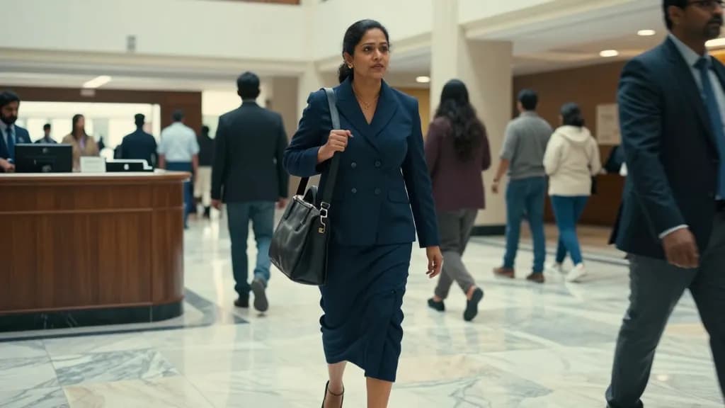 A South Asian woman in her forties with dark hair pinned up is walking through a busy courthouse lobby with the satchel over one shoulder, people crossing th…
