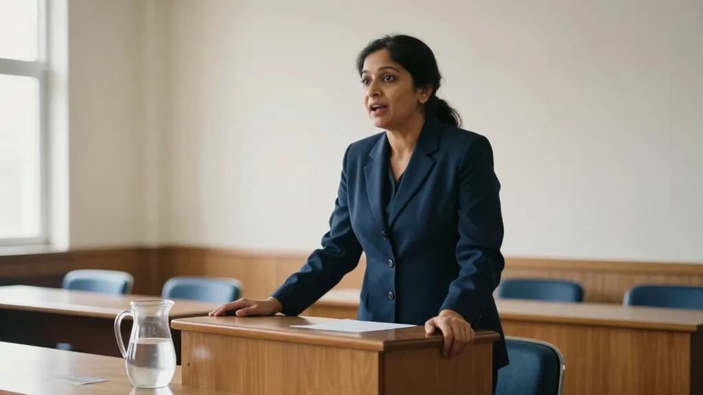 A South Asian woman in her forties with dark hair pinned up is standing at a lectern addressing a small panel seated at a long table in a plain hearing room,…
