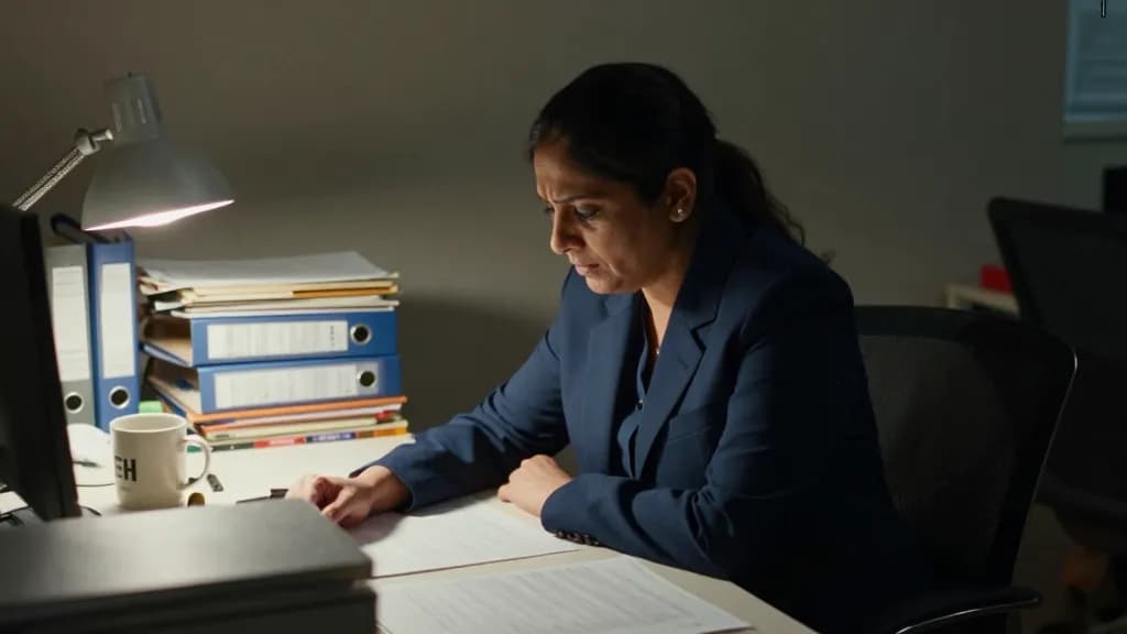 A South Asian woman in her forties with dark hair pinned up is working alone at a desk late at night in an otherwise dark office, one lamp on and stacks of r…