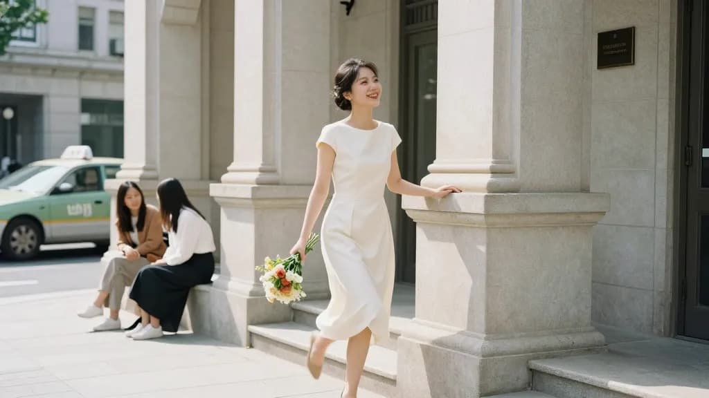 An East Asian woman in her early thirties with hair pinned up is standing on the steps outside a city registry office in the late morning holding a small bun…