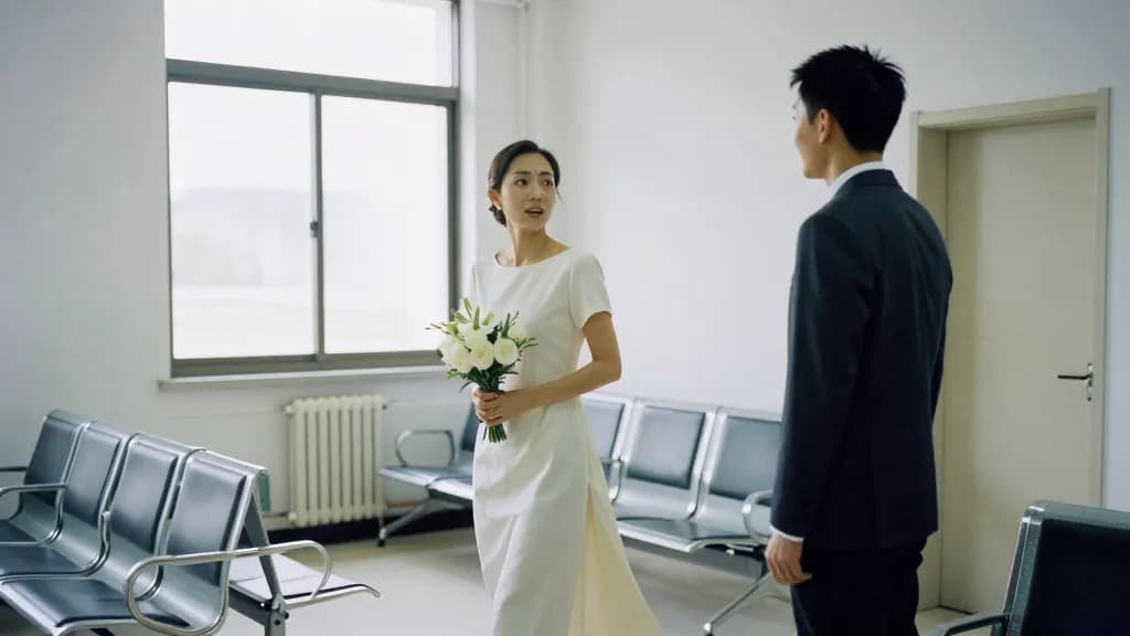 An East Asian woman in her early thirties with hair pinned up is standing in a plain municipal waiting room before the ceremony, rows of empty chairs and a r…