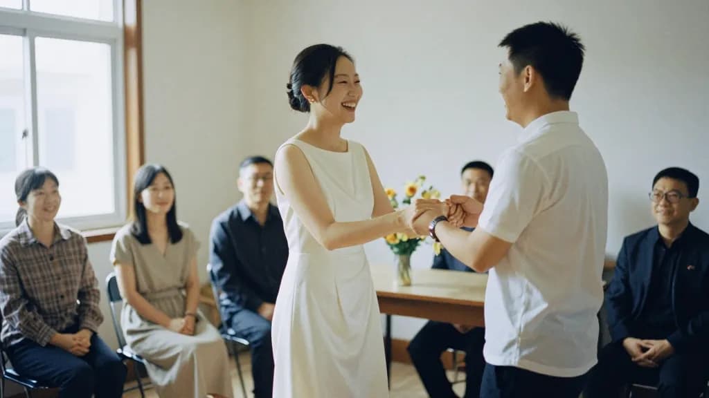 An East Asian woman in her early thirties with hair pinned up is standing beside her partner in a small ceremony room with six guests seated on chairs behind…