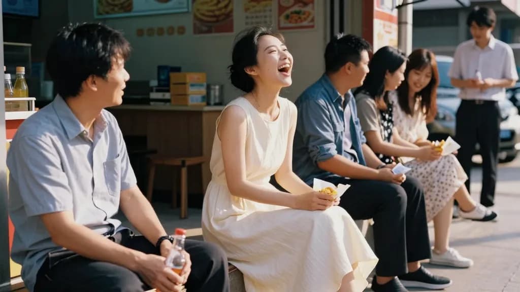 An East Asian woman in her early thirties with hair pinned up is sitting on a low wall outside a chip shop, the only person in an ivory dress, with her partn…