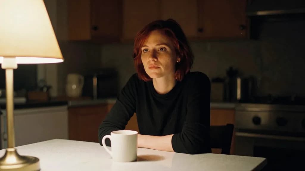 A white woman in her early forties with dark red hair cut short is sitting alone at a kitchen table late at night with a single lamp on across the room, the…