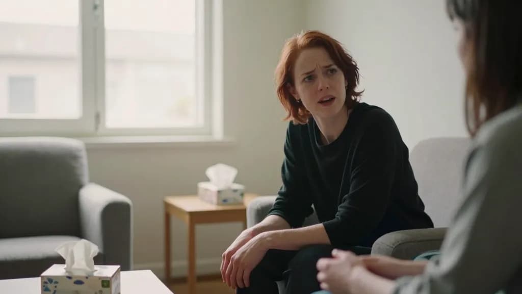 A white woman in her early forties with dark red hair cut short is sitting opposite another woman in two armchairs in a plain consulting room, a box of tissu…