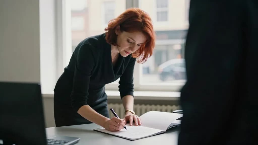 A white woman in her early forties with dark red hair cut short is standing at a solicitor's desk signing a document with another person standing beside her,…