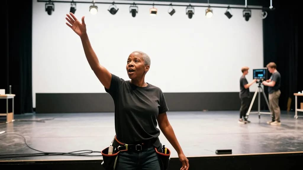 A Black woman in her early fifties with grey-flecked hair cropped short is standing at the front edge of the lit stage during a technical rehearsal, cables t…