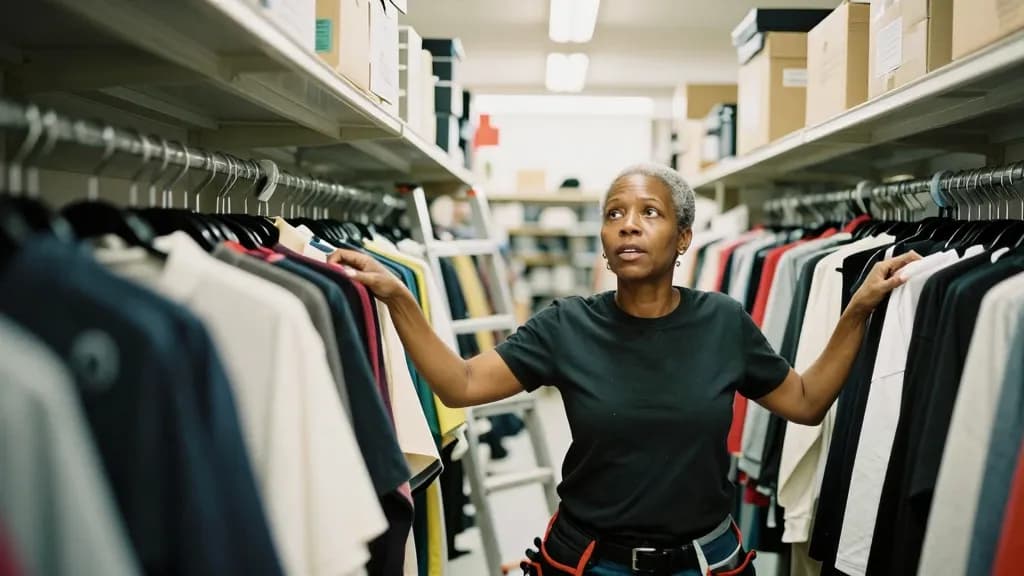 A Black woman in her early fifties with grey-flecked hair cropped short is in a crowded wardrobe and props store, rails of costumes packed along both walls a…