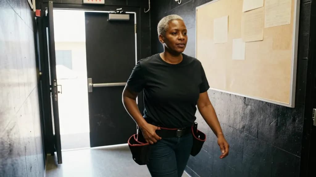 A Black woman in her early fifties with grey-flecked hair cropped short is walking fast along a narrow backstage corridor painted matte black, cable runs tap…