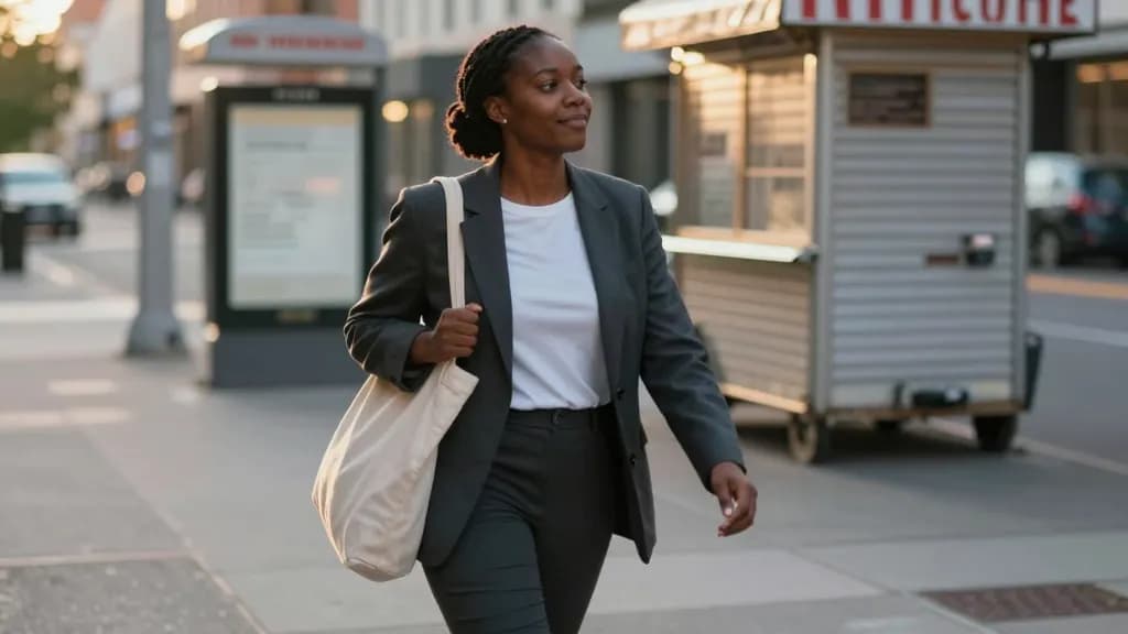 A Black woman in her late thirties with braids in a low bun is walking down a city street at the end of the working day with a canvas bag over one shoulder,…