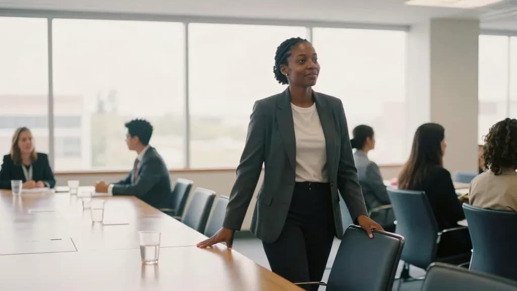 A Black woman in her late thirties with braids in a low bun is standing at the end of a long meeting table as colleagues file out, chairs pushed back and emp…