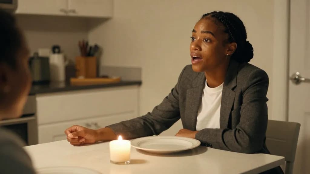 A Black woman in her late thirties with braids in a low bun is sitting across a small kitchen table from her partner late in the evening, two plates pushed a…