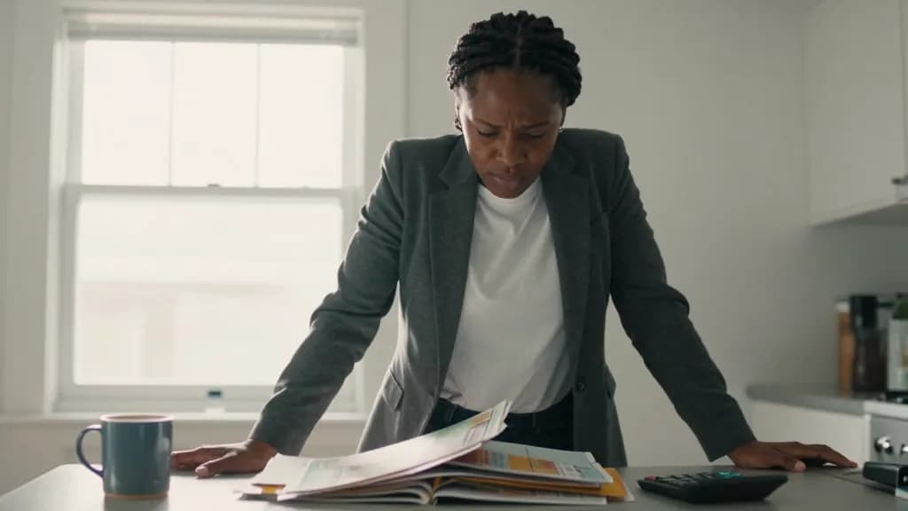 A Black woman in her late thirties with braids in a low bun is standing at a kitchen counter with a pile of opened post and a calculator beside a cooling mug…