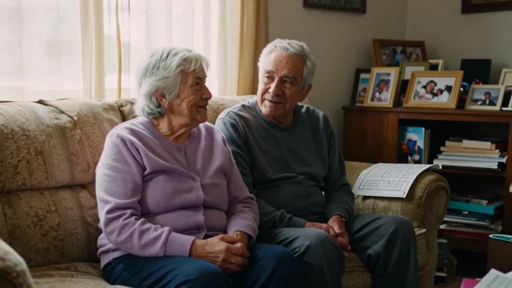 A Latina woman in her early seventies with white hair in a short bob is sitting on a well-worn sofa beside her husband of decades in a cluttered front room,…