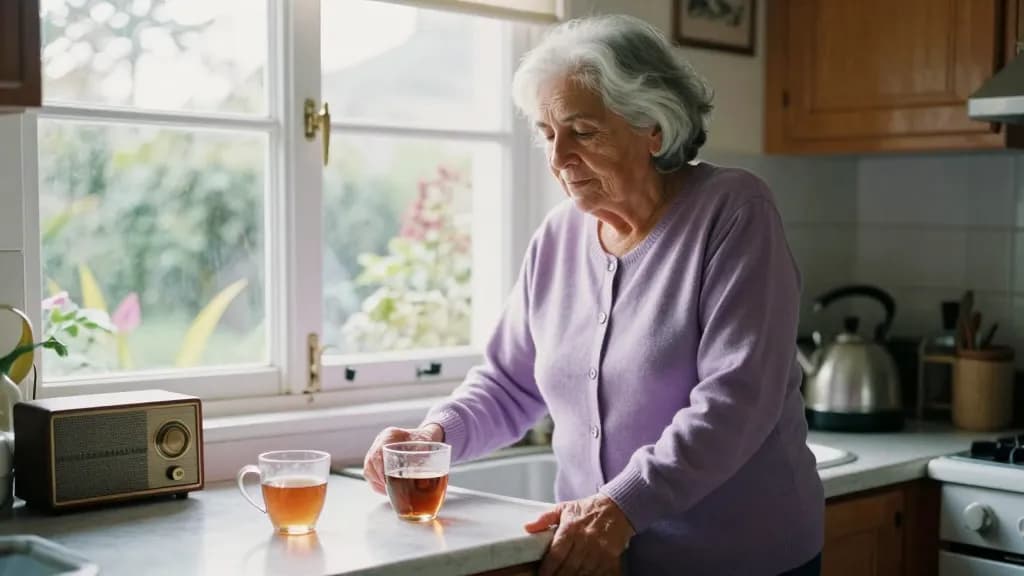 A Latina woman in her early seventies with white hair in a short bob is in the kitchen making two cups of tea in the early morning, two specific mugs already…