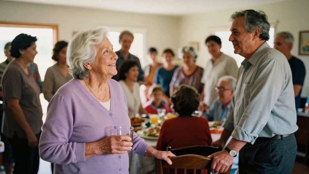 A Latina woman in her early seventies with white hair in a short bob is at a family party in a crowded front room looking across at her husband on the far si…