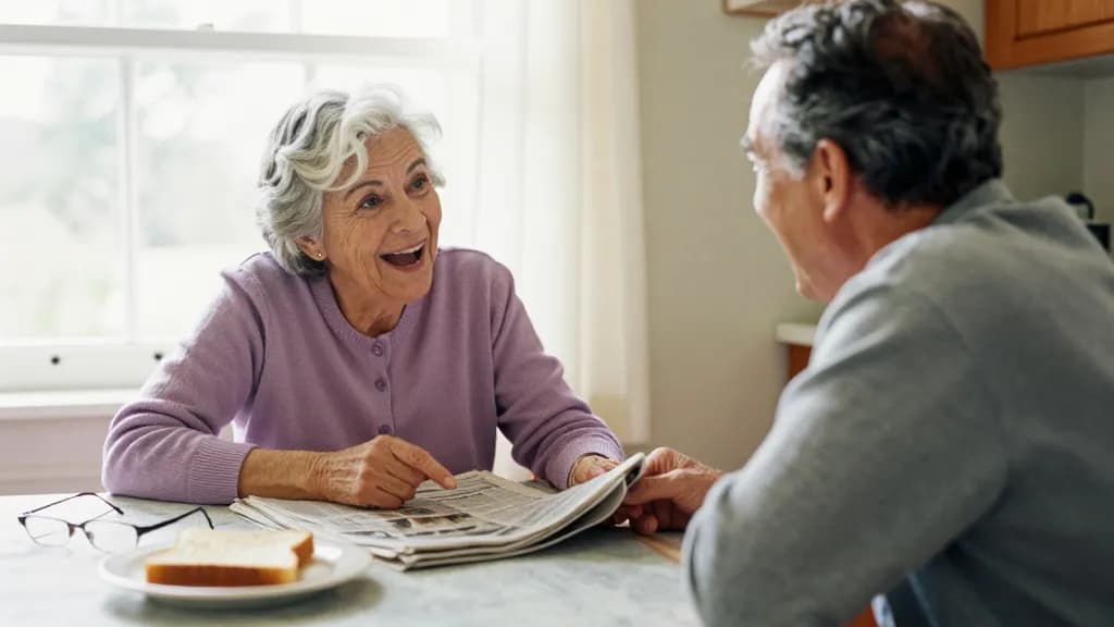 A Latina woman in her early seventies with white hair in a short bob is sitting at a small kitchen table opposite her husband with a folded newspaper between…