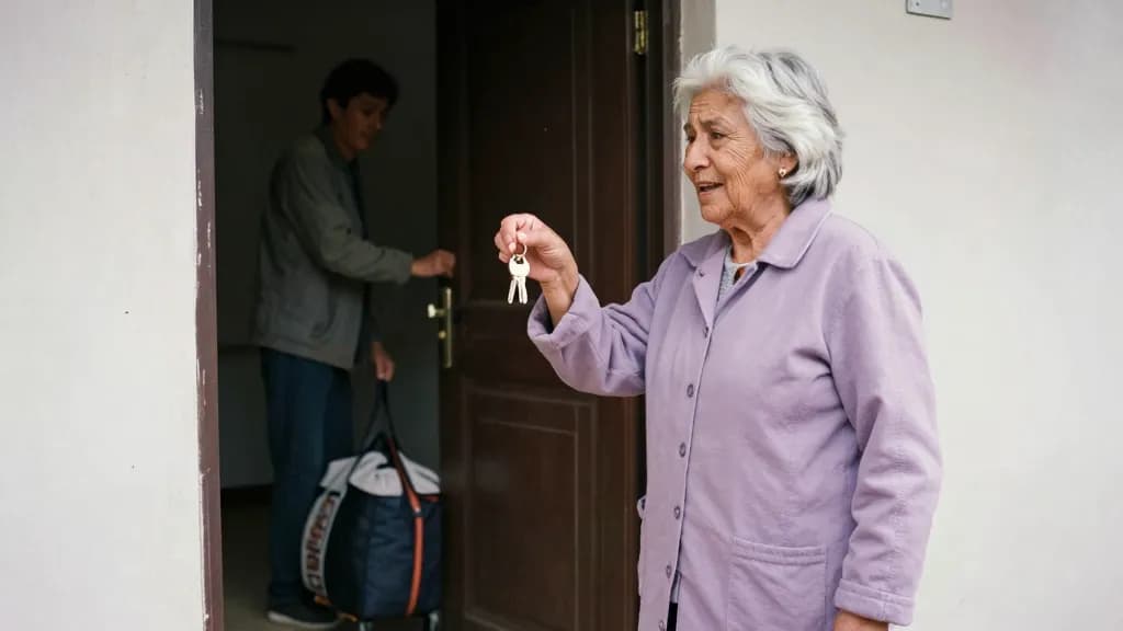 A Latina woman in her early seventies with white hair in a short bob is standing at the front door in a coat handing a set of keys to a neighbour before goin…
