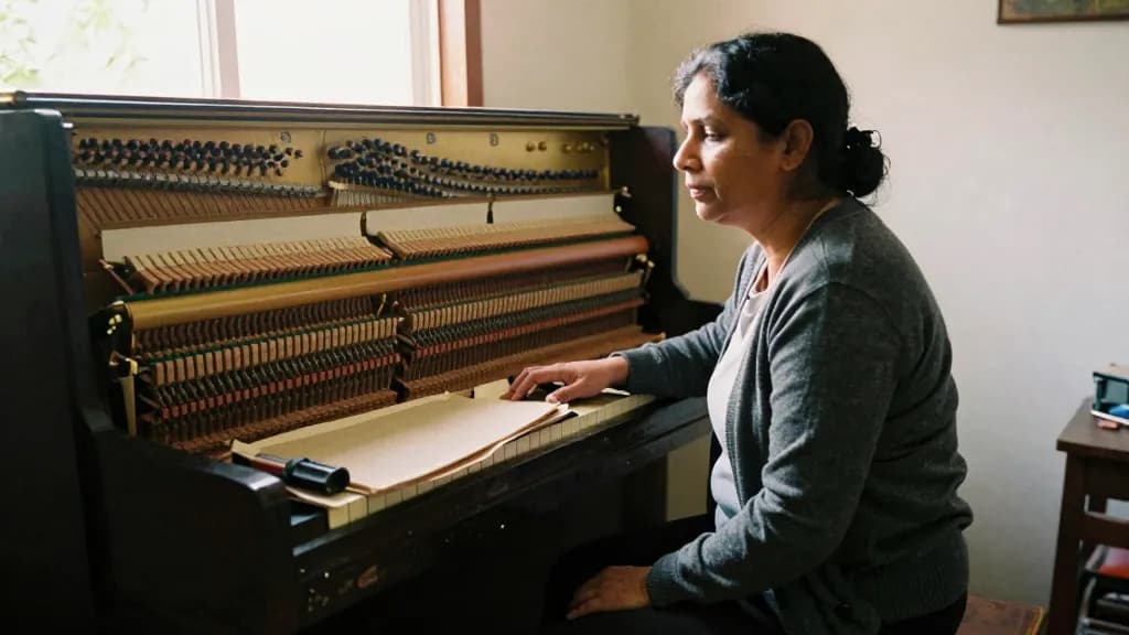 A South Asian woman in her forties with dark hair pinned up is sitting at the open back of an old upright piano in a front room, the top panel removed and th…