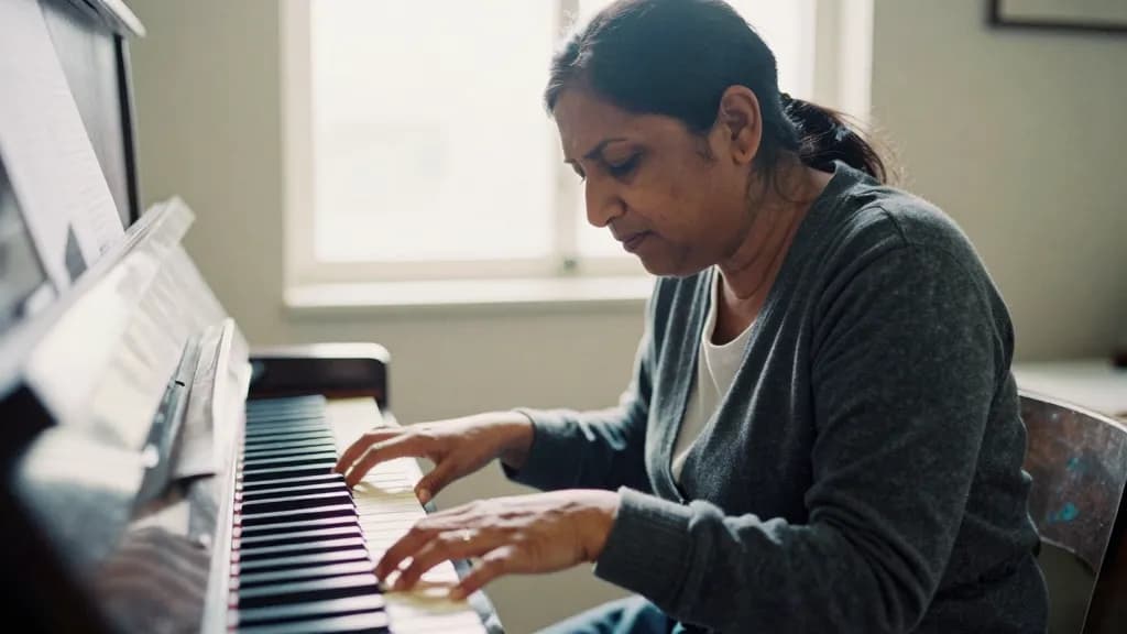 A South Asian woman in her forties with dark hair pinned up is leaning over the keyboard of the upright with her head turned toward the strings, a single key…