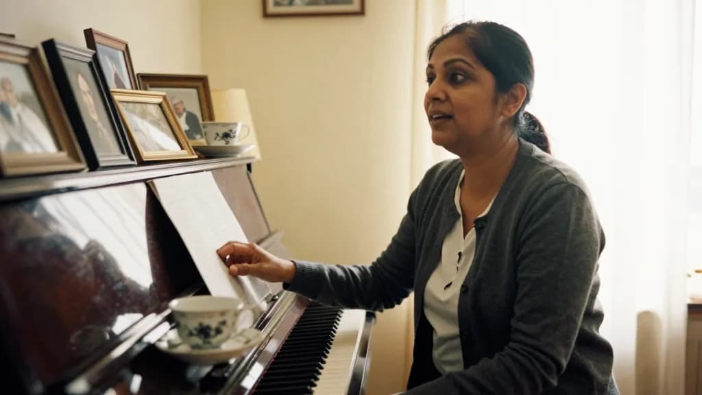 A South Asian woman in her forties with dark hair pinned up is standing beside the piano talking to its elderly owner, framed photographs crowding the top of…