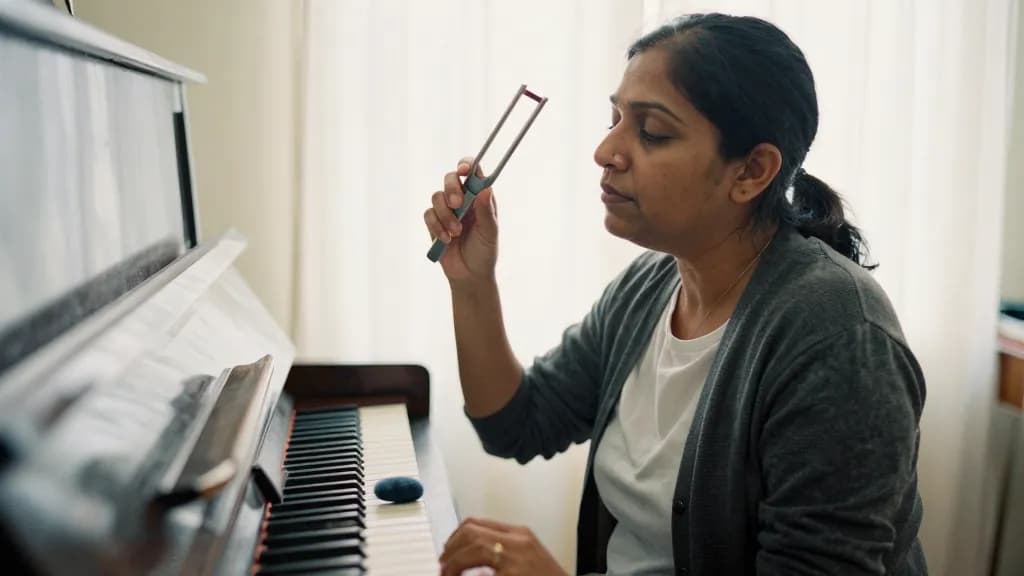 A South Asian woman in her forties with dark hair pinned up is holding a tuning fork against the piano case, her head turned away and tilted to listen, the t…