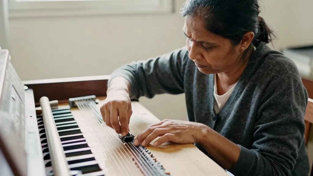 A South Asian woman in her forties with dark hair pinned up is working along the exposed strings with a tuning lever, felt mutes wedged between courses and t…