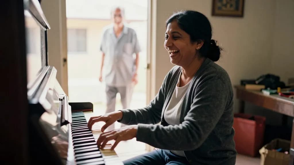 A South Asian woman in her forties with dark hair pinned up is sitting on the piano stool playing a full chord with the panel back on and the tools packed aw…