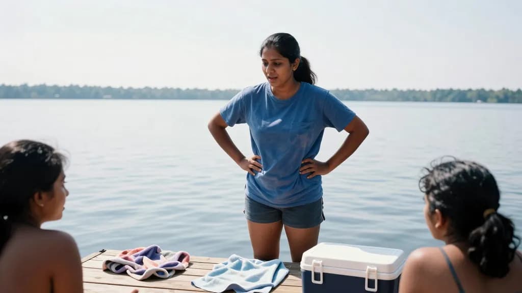 A South Asian woman in her mid thirties with a long dark ponytail is standing on a wooden lake dock with two friends on a hot afternoon, towels dropped on th…