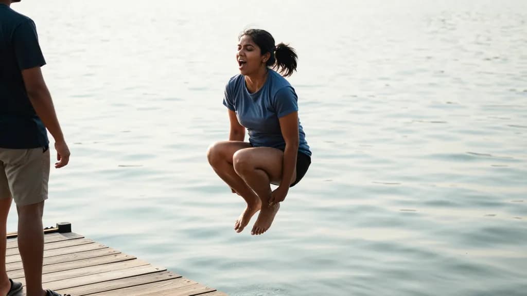 A South Asian woman in her mid thirties with a long dark ponytail is caught mid air jumping off the end of the lake dock, knees tucked and both arms wrapped…