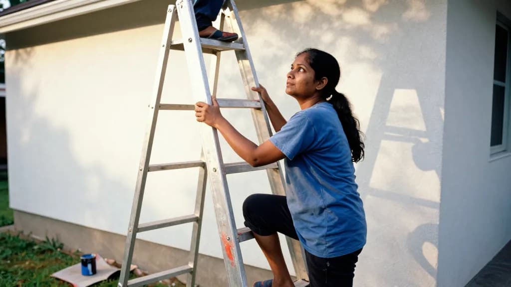 A South Asian woman in her mid thirties with a long dark ponytail is bracing the foot of a tall ladder against a house wall while someone works at the top ou…