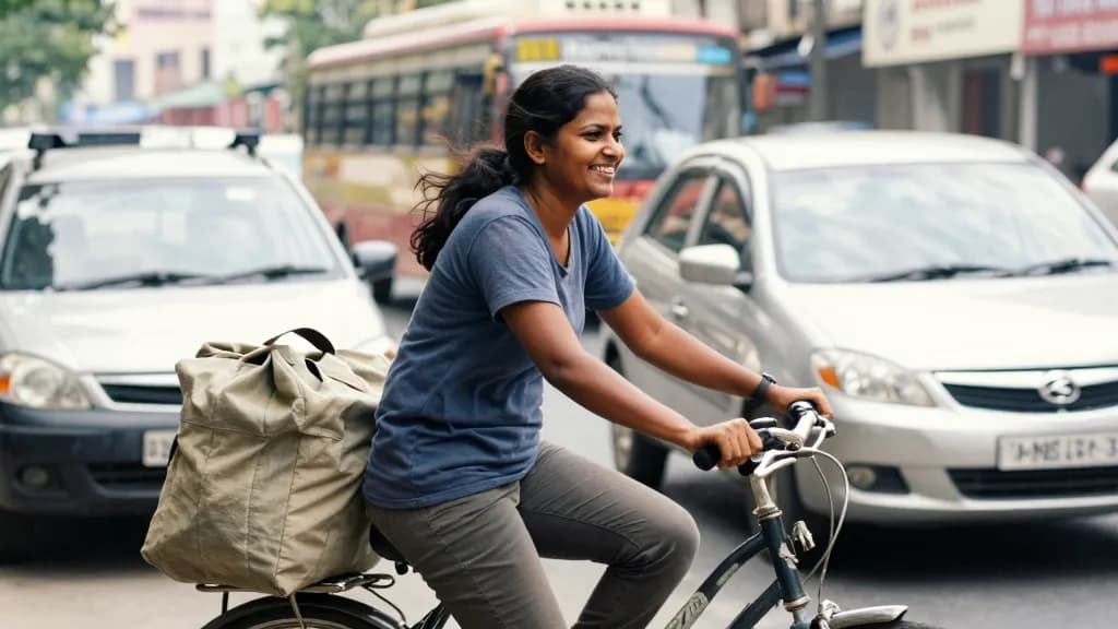 A South Asian woman in her mid thirties with a long dark ponytail is cycling through slow city traffic threading between two stopped cars, a canvas bag strap…