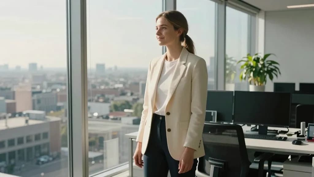 A white woman in her mid twenties with long light brown hair tied back in a low ponytail is standing a few feet back from the floor-to-ceiling glass of a bri…