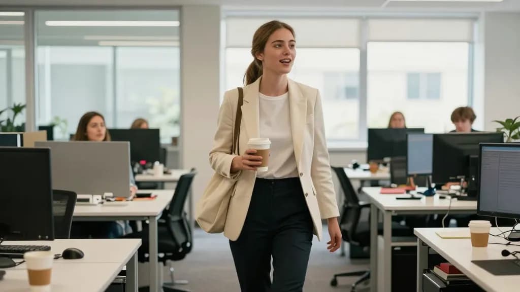 A white woman in her mid twenties with long light brown hair tied back in a low ponytail is walking into an open-plan office first thing in the morning, one…