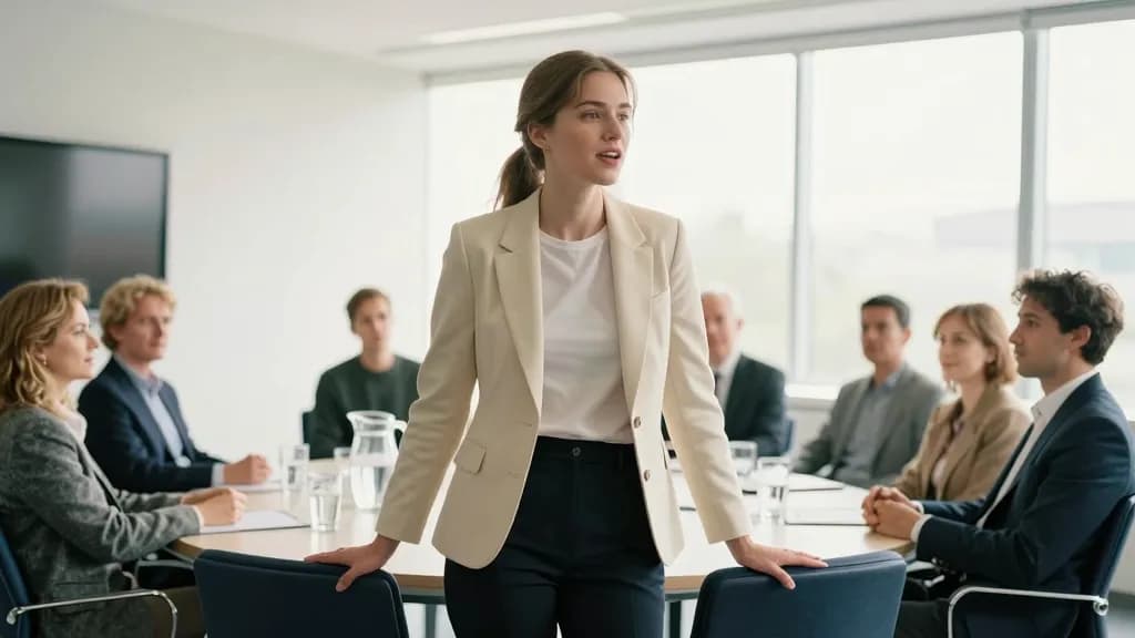 A white woman in her mid twenties with long light brown hair tied back in a low ponytail is standing at the head of a glass-walled meeting room mid sentence,…